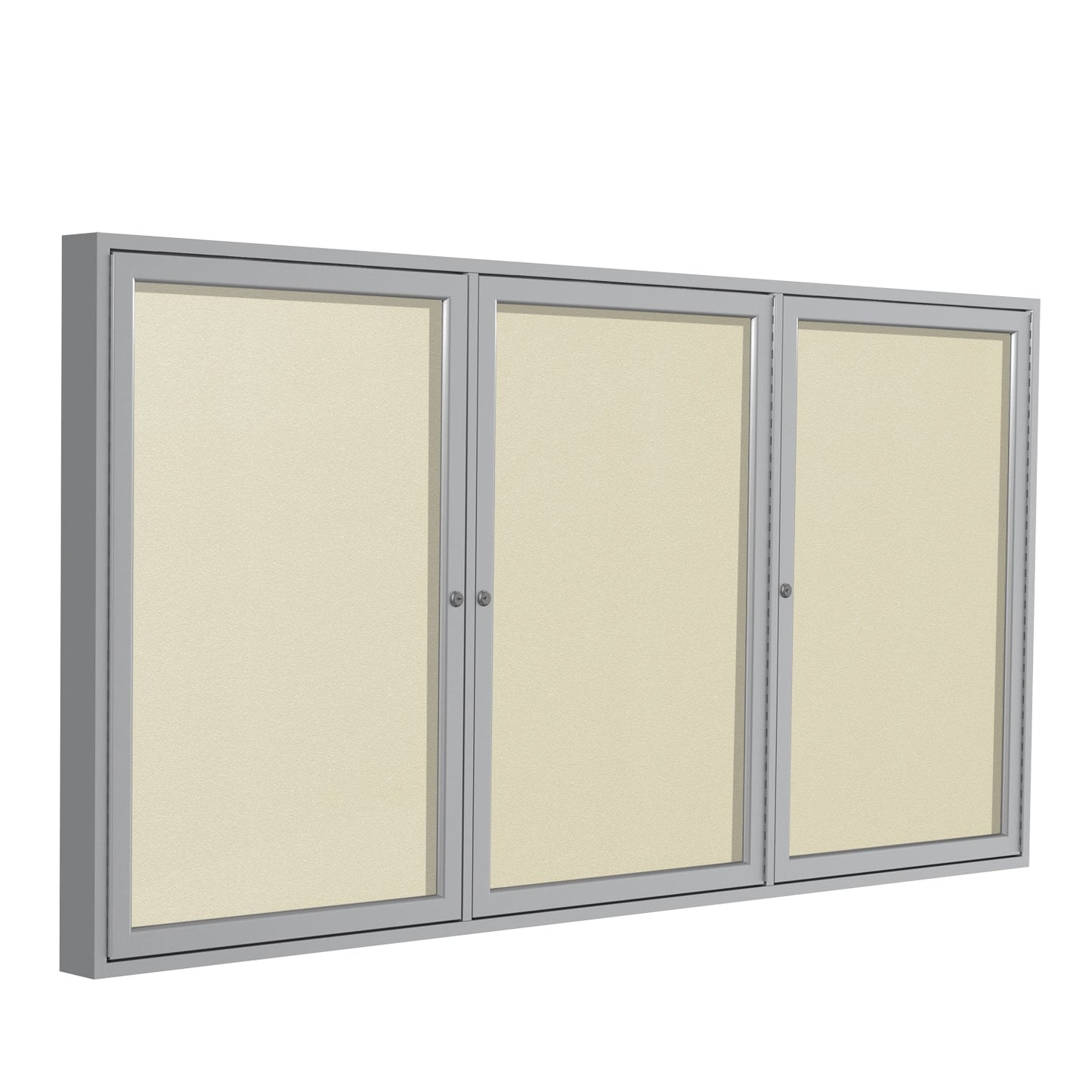 Ghent Indoor/Outdoor Enclosed Vinyl Bulletin Board, Satin Aluminum Frame, 3'H x 6'W, 3 Door (GHE - PA33672VX - XXX) - SchoolOutlet
