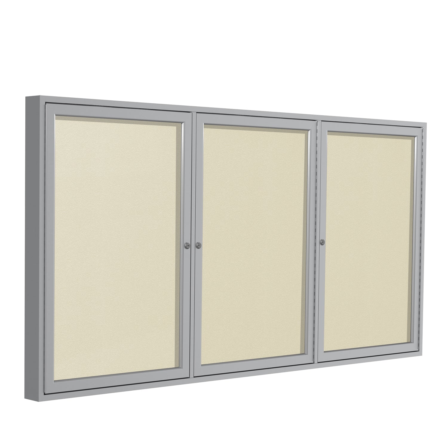 Ghent Indoor/Outdoor Enclosed Vinyl Bulletin Board, Satin Aluminum Frame, 3'H x 6'W, 3 Door (GHE - PA33672VX - XXX) - SchoolOutlet