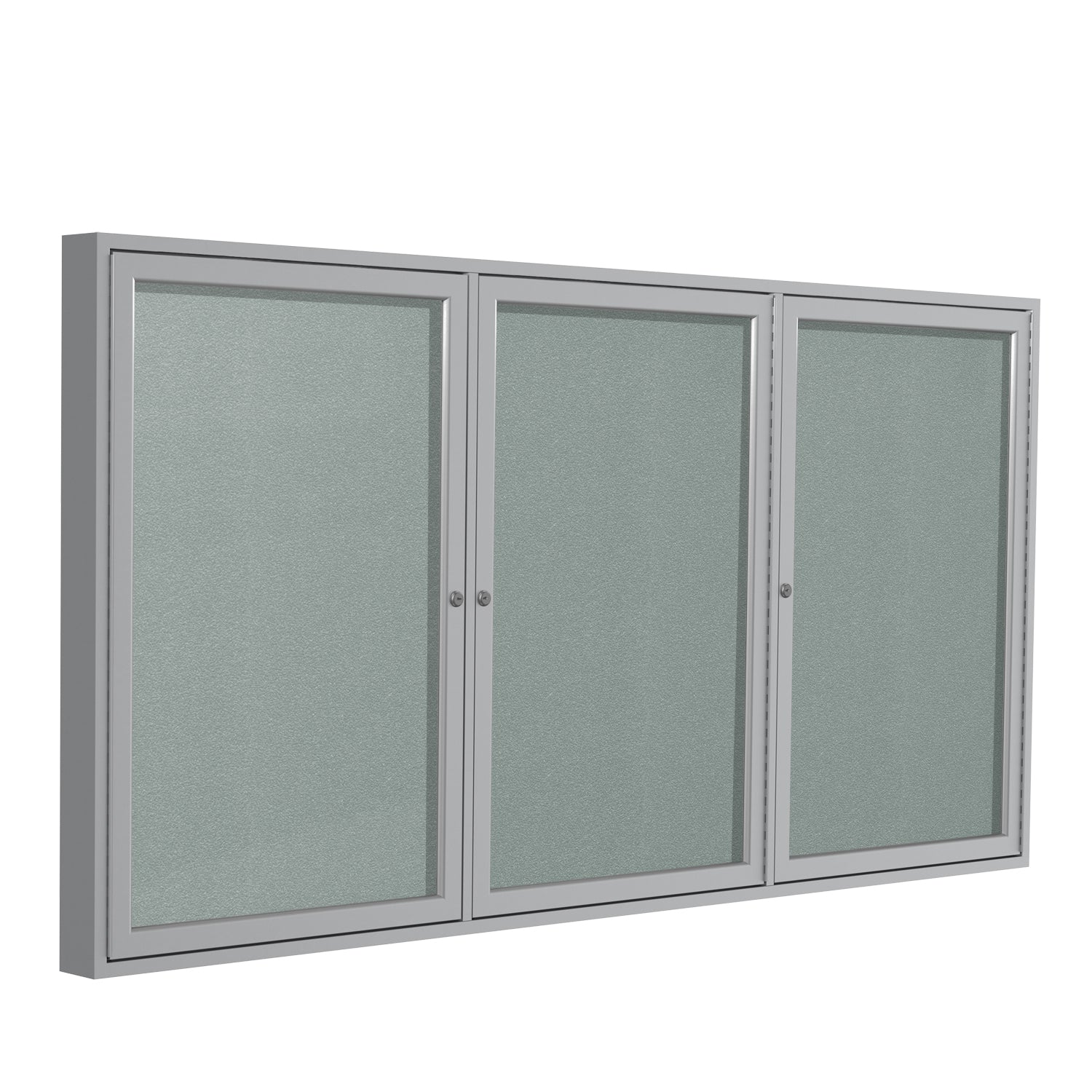 Ghent Indoor/Outdoor Enclosed Vinyl Bulletin Board, Satin Aluminum Frame, 3'H x 6'W, 3 Door (GHE - PA33672VX - XXX) - SchoolOutlet