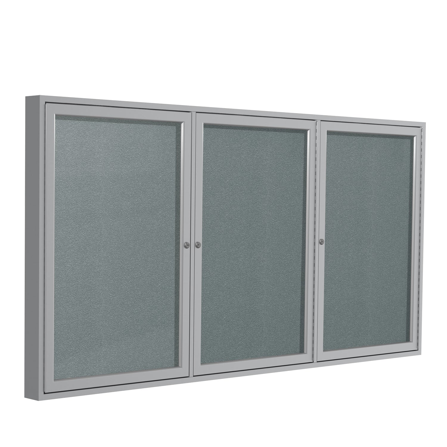 Ghent Indoor/Outdoor Enclosed Vinyl Bulletin Board, Satin Aluminum Frame, 3'H x 6'W, 3 Door (GHE - PA33672VX - XXX) - SchoolOutlet
