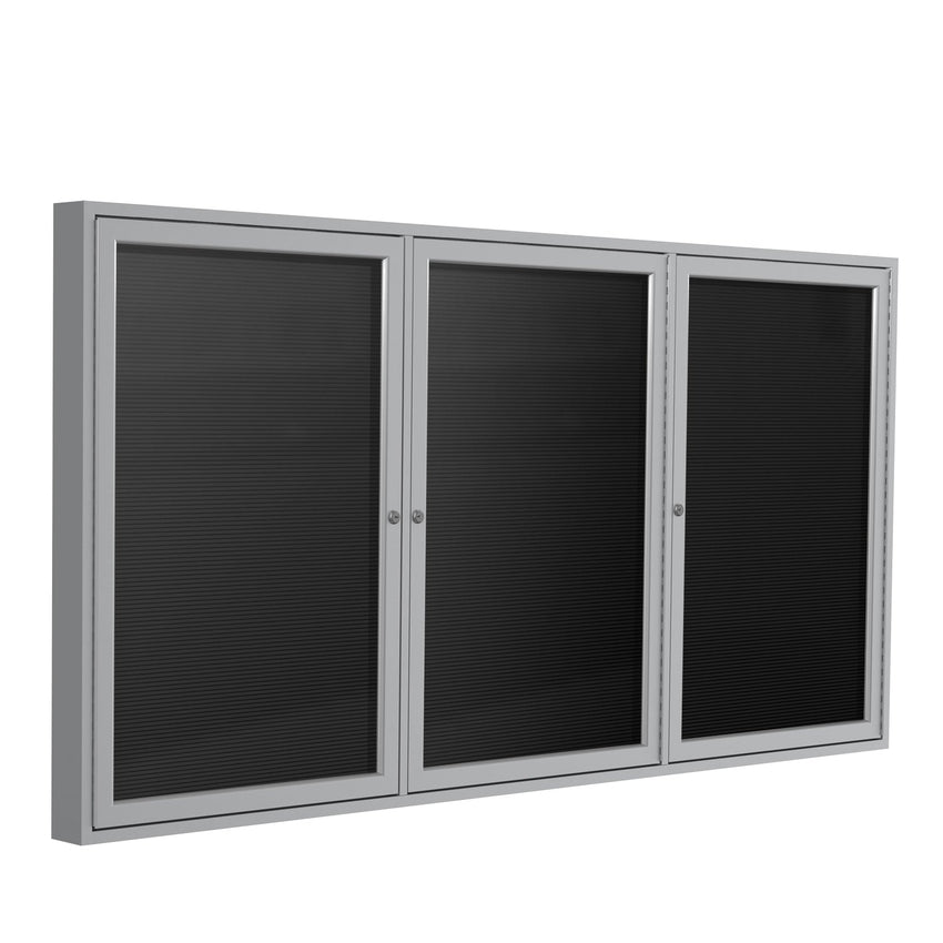 Ghent Indoor/Outdoor Enclosed Vinyl Letter Board, Satin Aluminum Frame, 4'H x 6'W, 3 Door, Black (GHE - PA34872BX - BK) - SchoolOutlet