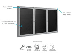 Ghent Indoor/Outdoor Enclosed Vinyl Letter Board, Satin Aluminum Frame, 4'H x 8'W, 3 Door, Black (GHE-PA34896BX-BK)