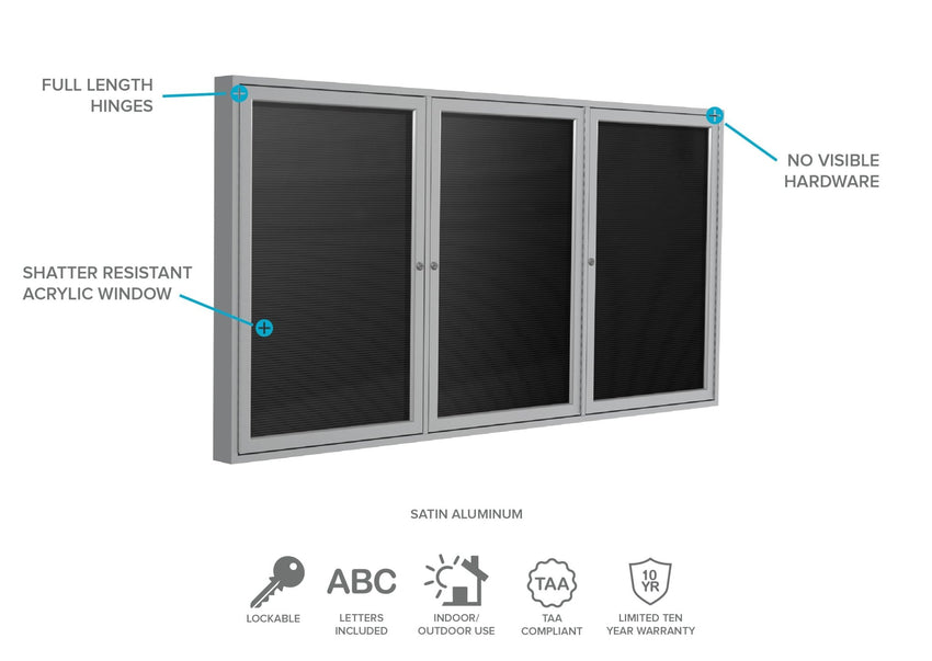 Ghent Indoor/Outdoor Enclosed Vinyl Letter Board, Satin Aluminum Frame, 4'H x 8'W, 3 Door, Black (GHE - PA34896BX - BK) - SchoolOutlet