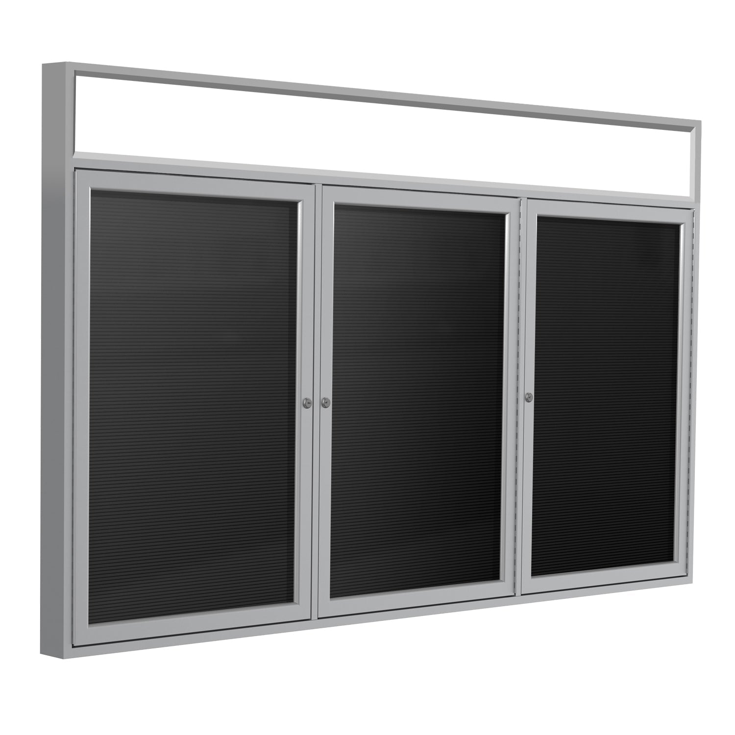 Ghent Indoor/Outdoor Enclosed Vinyl Letter Board, Illuminated Headliner Frame, Satin Aluminum, 3'H x 6'W, 3 Door, Black (GHE - PABLX8 - BK) - SchoolOutlet