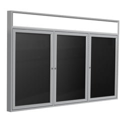 Ghent Indoor/Outdoor Enclosed Vinyl Letter Board, Illuminated Headliner Frame, Satin Aluminum, 3'H x 6'W, 3 Door, Black (GHE-PABLX8-BK)