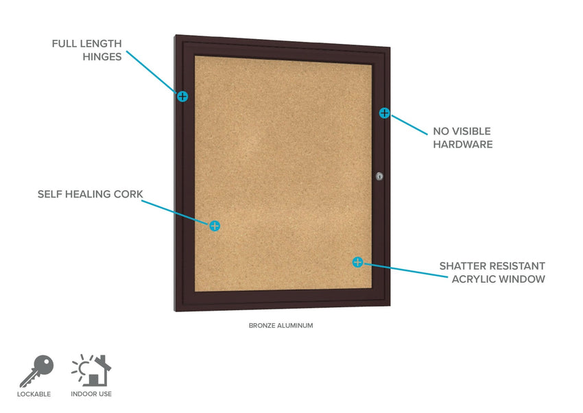 Ghent 1 Door Enclosed Natural Cork Bulletin Board, Bronze Aluminum Frame, 3'H x 2'W (GHE - PB13624K) - SchoolOutlet