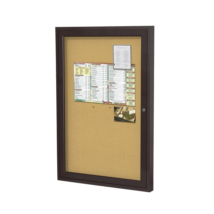Ghent 1 Door Enclosed Natural Cork Bulletin Board, Bronze Aluminum Frame, 3'H x 2'W (GHE - PB13624K) - SchoolOutlet