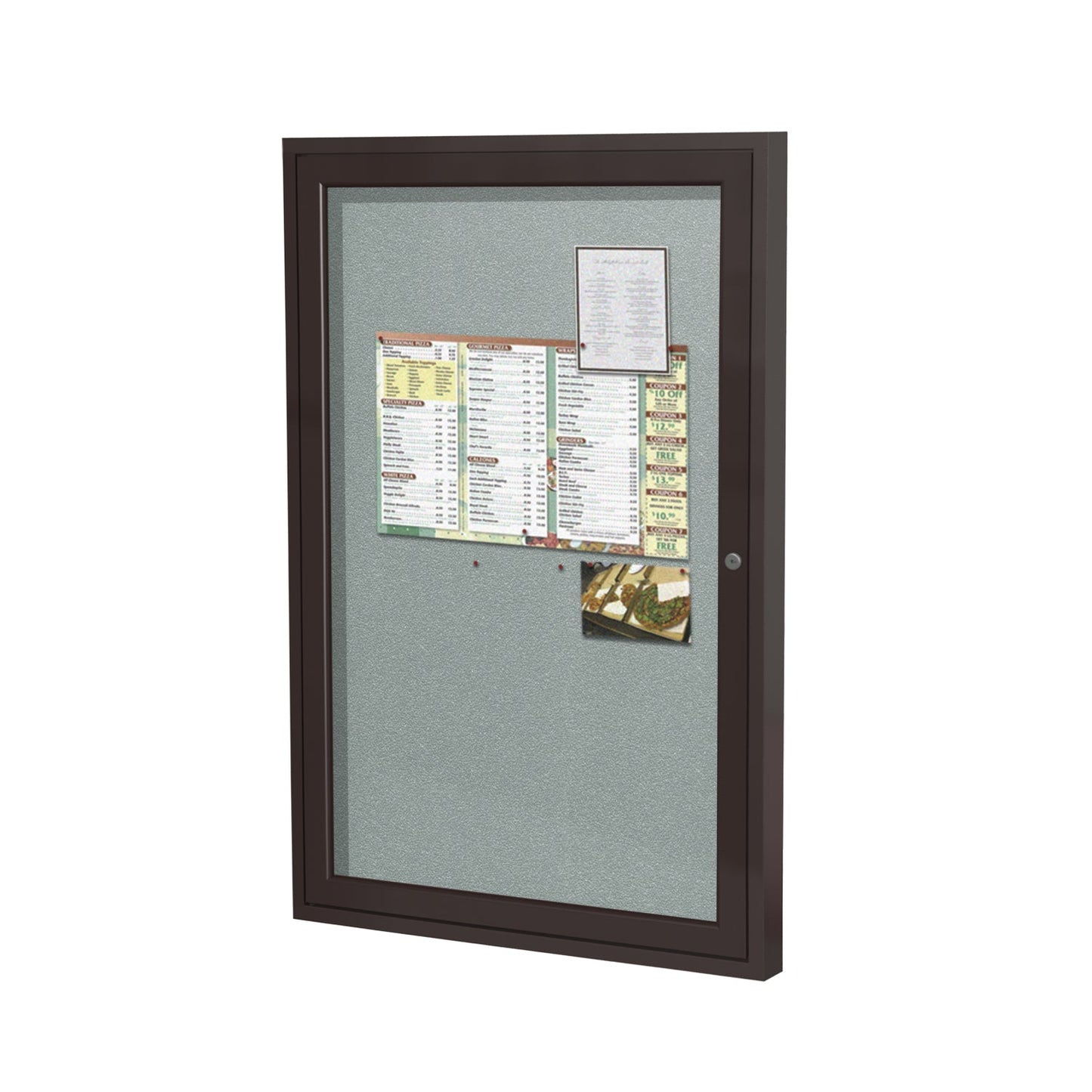 Ghent Indoor/Outdoor Enclosed Vinyl Bulletin Board, Bronze Aluminum Frame, 3'H x 2'W, 1 Door (GHE - PB13624VX - XXX) - SchoolOutlet