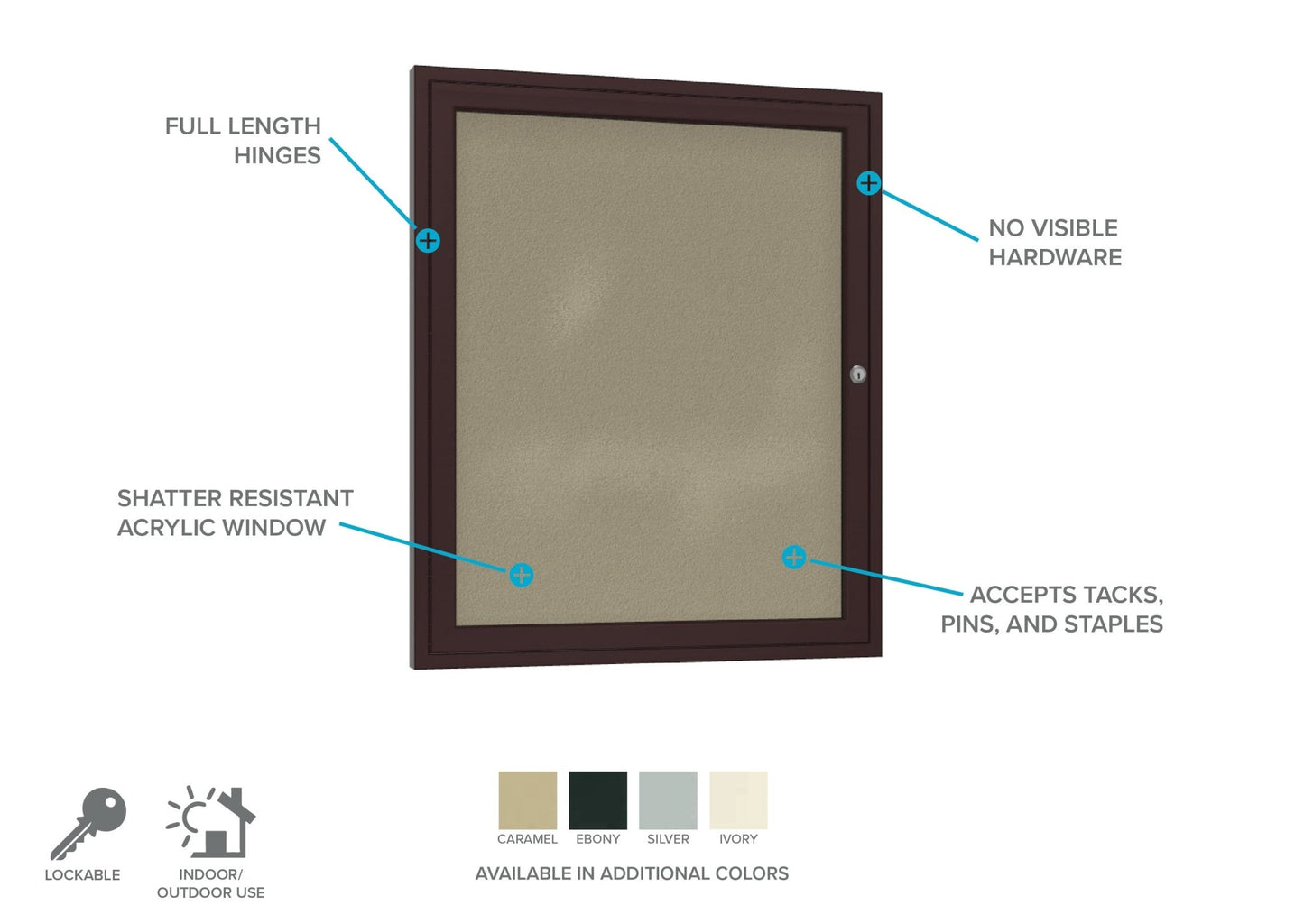Ghent Indoor/Outdoor Enclosed Vinyl Bulletin Board, Bronze Aluminum Frame, 3'H x 2'W, 1 Door (GHE - PB13624VX - XXX) - SchoolOutlet