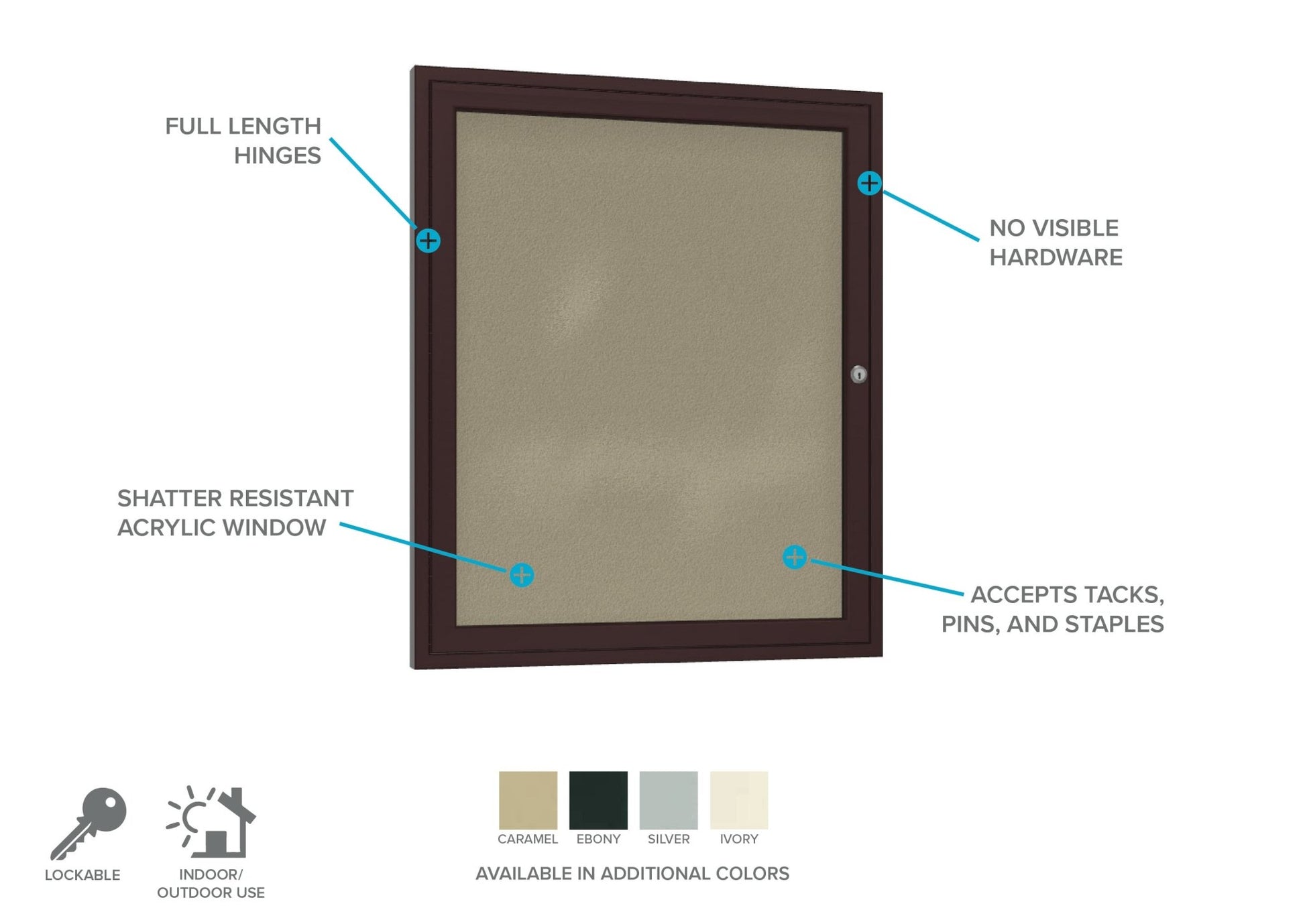 Ghent Indoor/Outdoor Enclosed Vinyl Bulletin Board, Bronze Aluminum Frame, 3'H x 2'W, 1 Door (GHE - PB13624VX - XXX) - SchoolOutlet