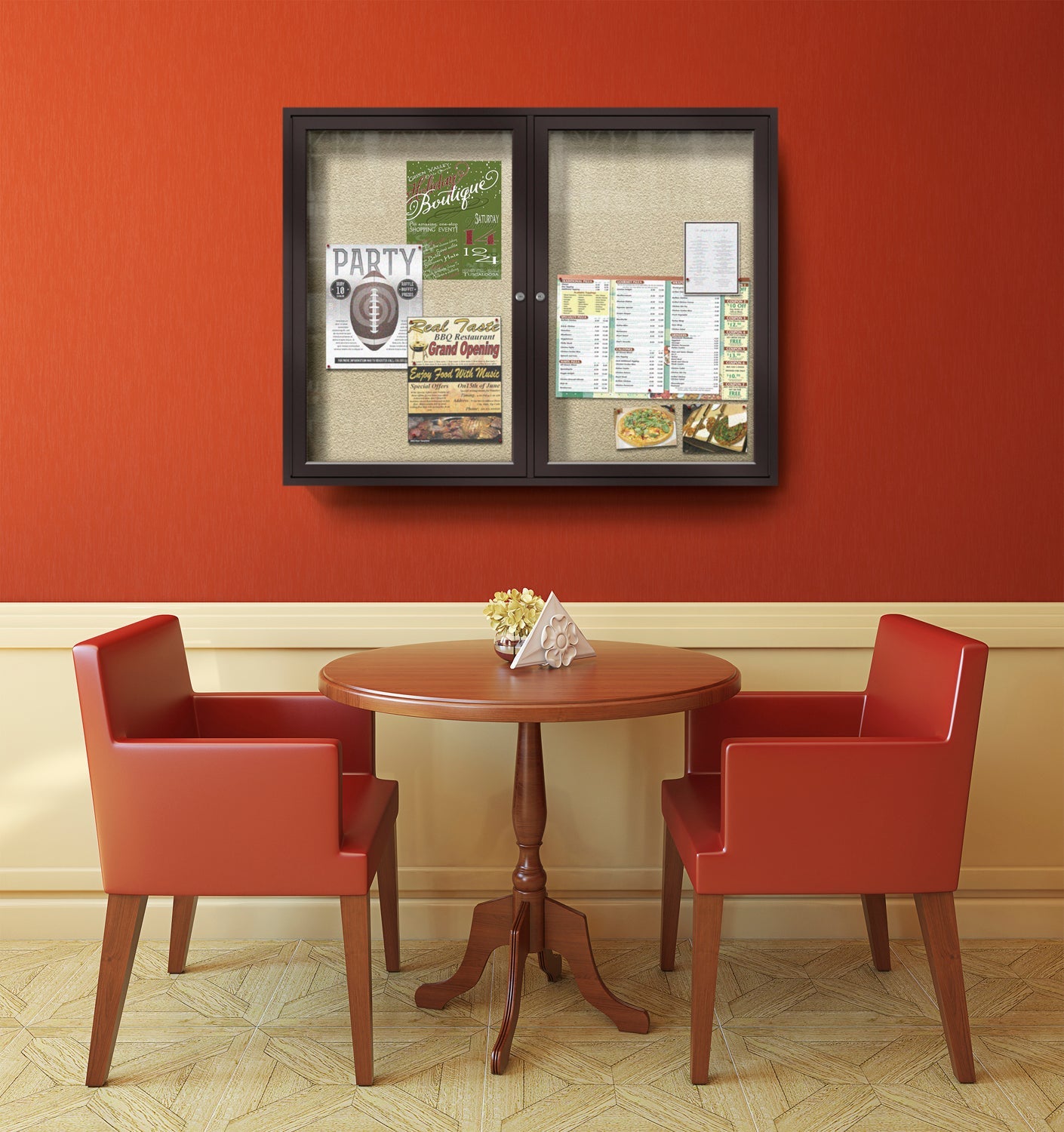 Ghent Indoor/Outdoor Enclosed Vinyl Bulletin Board, Bronze Aluminum Frame, 3'H x 4'W, 2 Door (GHE - PB23648VX - XXX) - SchoolOutlet