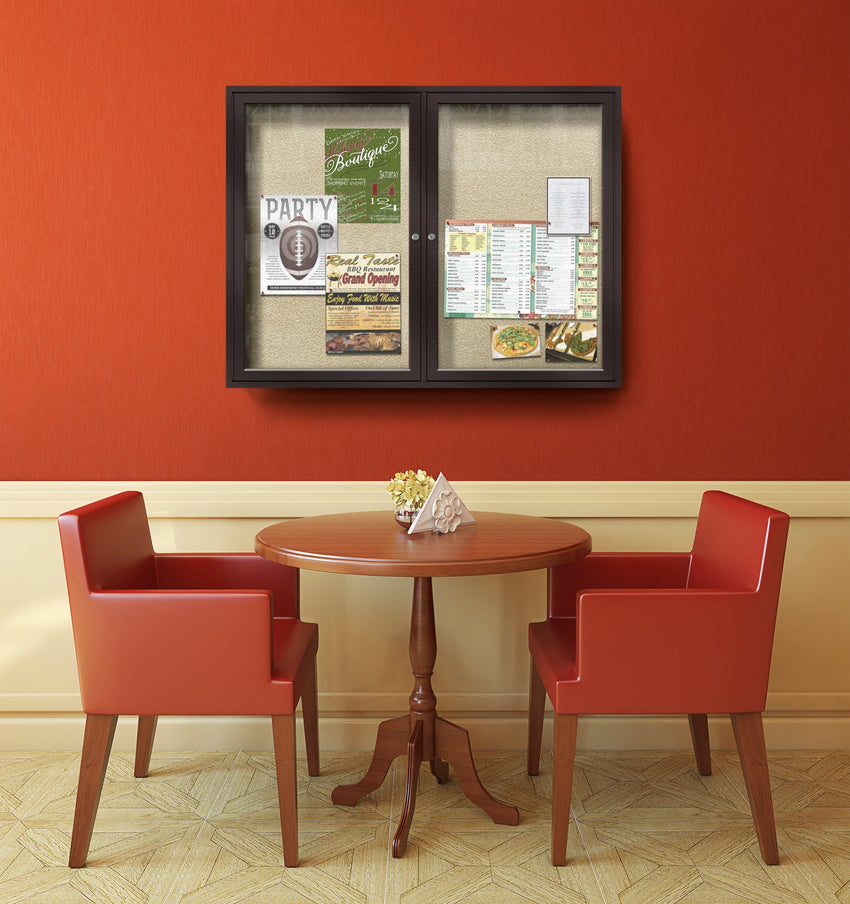 Ghent Indoor/Outdoor Enclosed Vinyl Bulletin Board, Bronze Aluminum Frame, 3'H x 4'W, 2 Door (GHE - PB23648VX - XXX) - SchoolOutlet