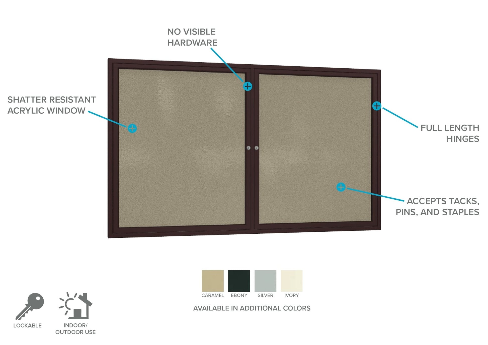 Ghent Indoor/Outdoor Enclosed Vinyl Bulletin Board, Bronze Aluminum Frame, 3'H x 4'W, 2 Door (GHE - PB23648VX - XXX) - SchoolOutlet