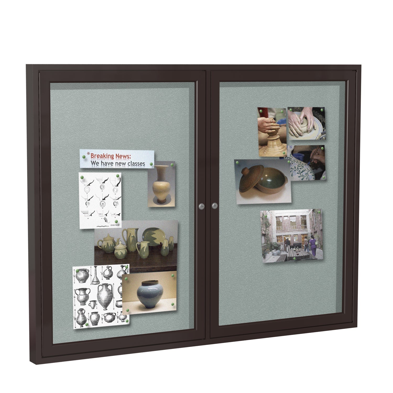 Ghent Indoor/Outdoor Enclosed Vinyl Bulletin Board, Bronze Aluminum Frame, 3'H x 4'W, 2 Door (GHE - PB23648VX - XXX) - SchoolOutlet