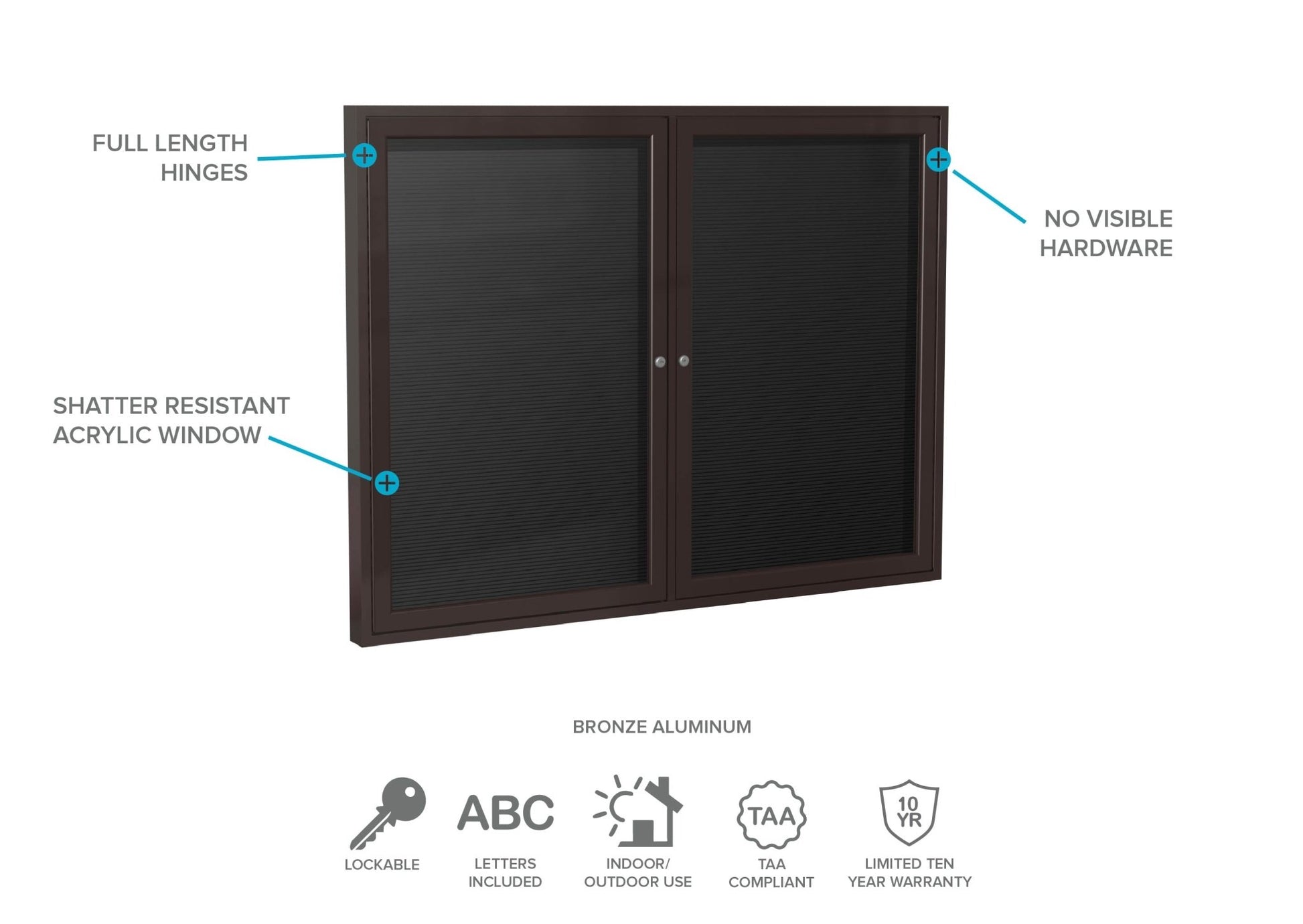 Ghent Indoor/Outdoor Enclosed Vinyl Letter Board, Bronze Aluminum Frame, 3'H x 5'W, 2 Door, Black (GHE - PB23660BX - BK) - SchoolOutlet