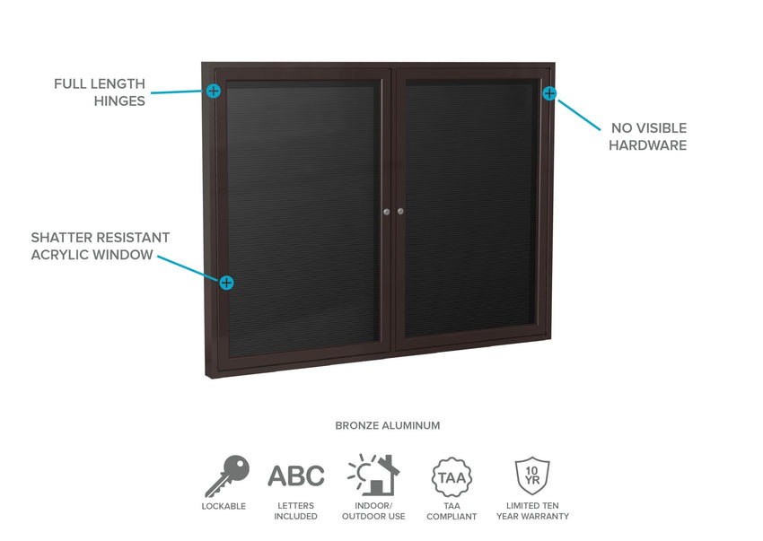 Ghent Indoor/Outdoor Enclosed Vinyl Letter Board, Bronze Aluminum Frame, 3'H x 5'W, 2 Door, Black (GHE - PB23660BX - BK) - SchoolOutlet