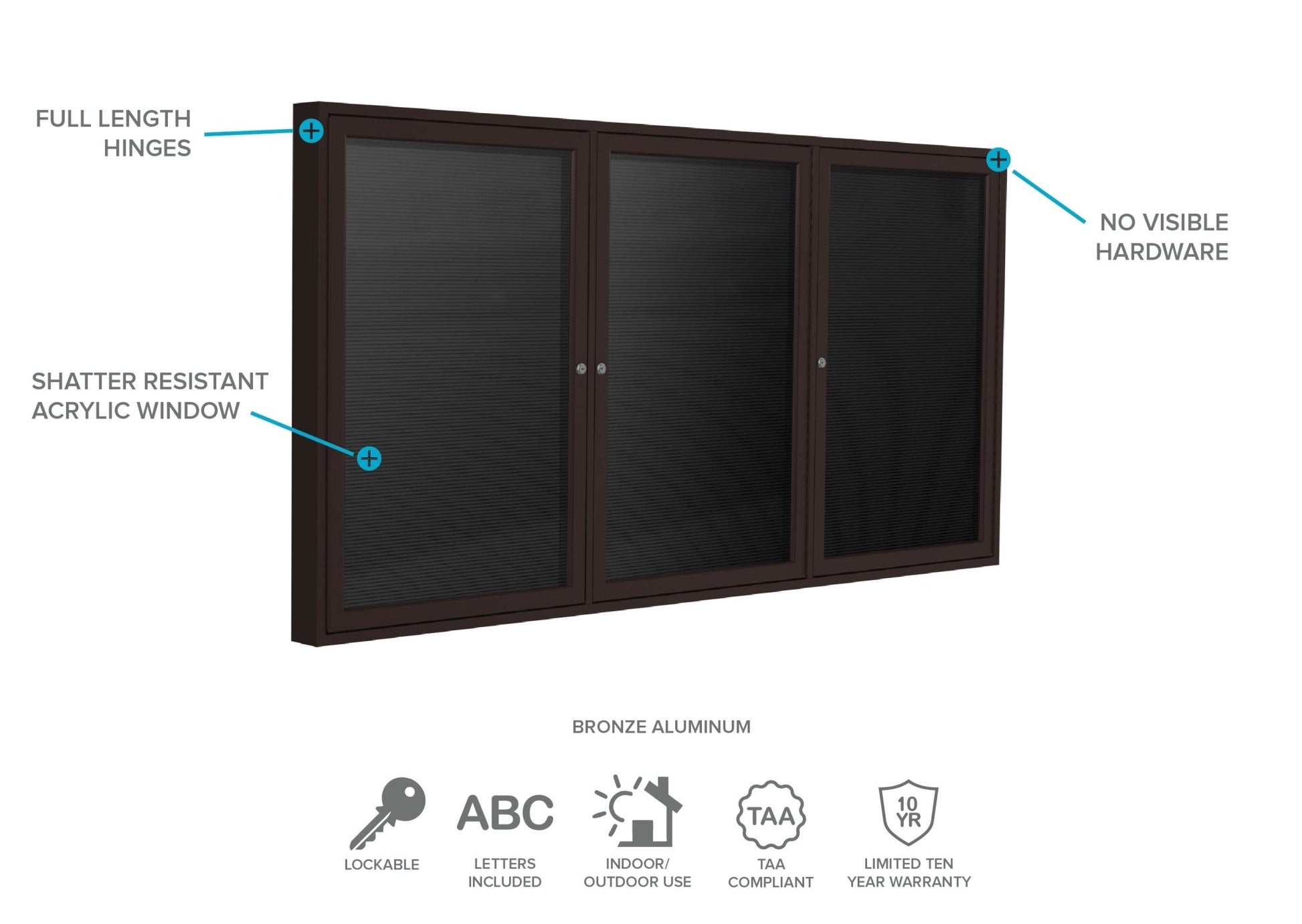 Ghent Indoor/Outdoor Enclosed Vinyl Letter Board, Bronze Aluminum Frame, 3'H x 6'W, 3 Door, Black (GHE - PB33672BX - BK) - SchoolOutlet