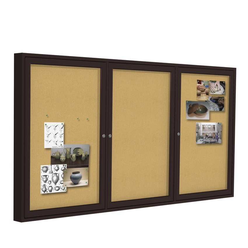 Ghent 3 Door Enclosed Natural Cork Bulletin Board, Bronze Aluminum Frame, 3'H x 6'W (GHE - PB33672K) - SchoolOutlet
