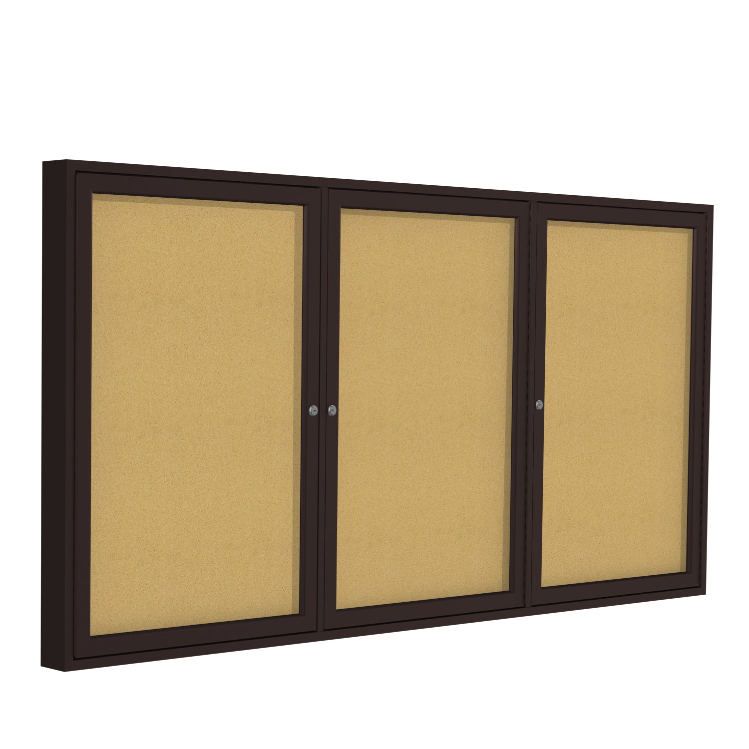 Ghent 3 Door Enclosed Natural Cork Bulletin Board, Bronze Aluminum Frame, 3'H x 6'W (GHE - PB33672K) - SchoolOutlet
