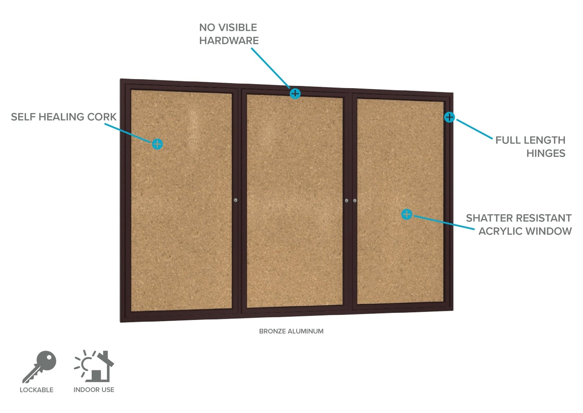 Ghent 3 Door Enclosed Natural Cork Bulletin Board, Bronze Aluminum Frame, 3'H x 6'W (GHE - PB33672K) - SchoolOutlet