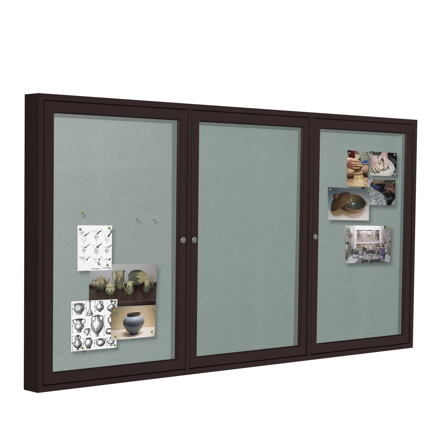 Ghent Indoor/Outdoor Enclosed Vinyl Bulletin Board, Bronze Aluminum Frame, 3'H x 6'W, 3 Door (GHE - PB33672VX - XXX) - SchoolOutlet