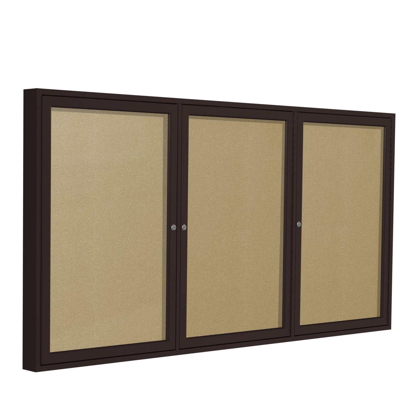 Ghent Indoor/Outdoor Enclosed Vinyl Bulletin Board, Bronze Aluminum Frame, 3'H x 6'W, 3 Door (GHE - PB33672VX - XXX) - SchoolOutlet