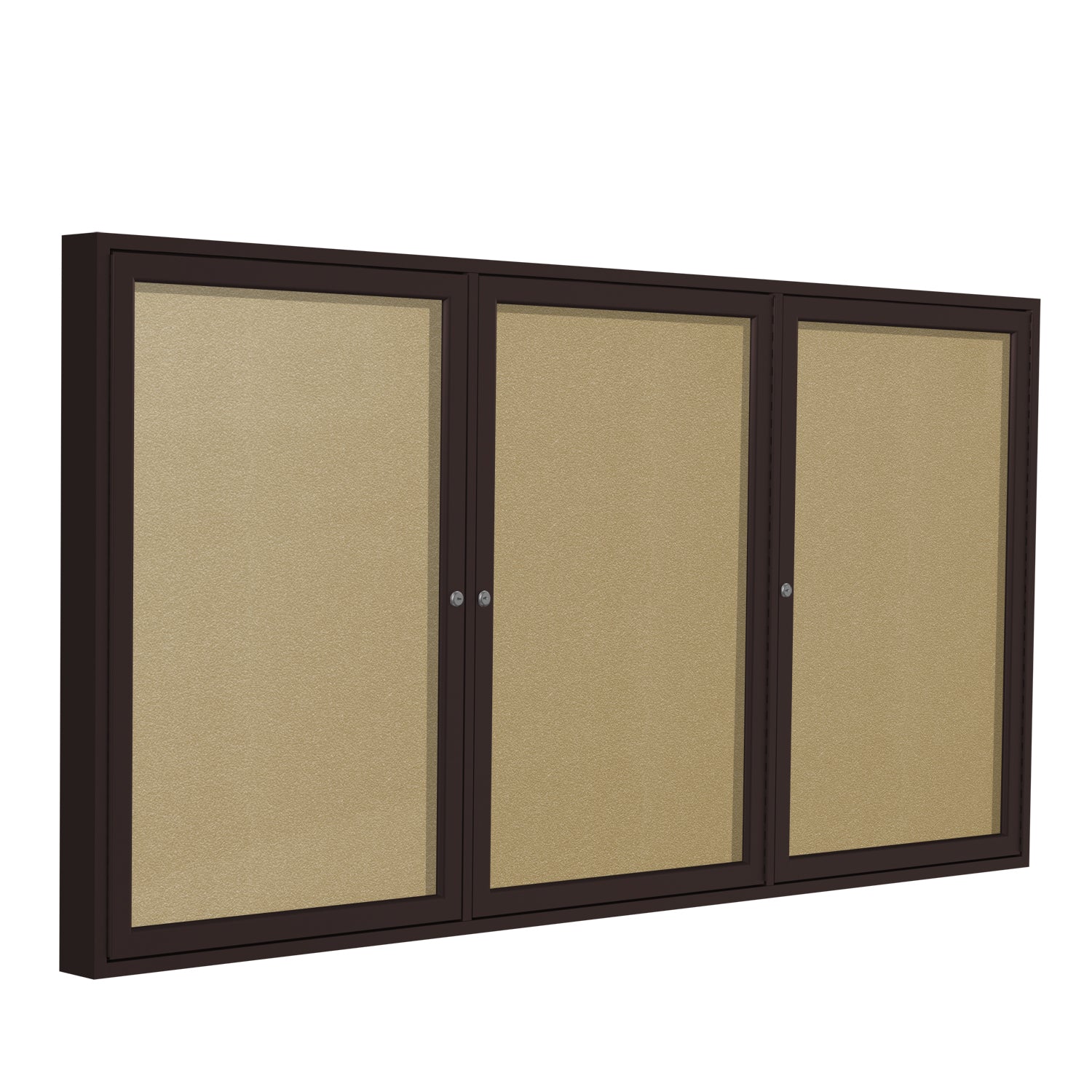 Ghent Indoor/Outdoor Enclosed Vinyl Bulletin Board, Bronze Aluminum Frame, 3'H x 6'W, 3 Door (GHE - PB33672VX - XXX) - SchoolOutlet