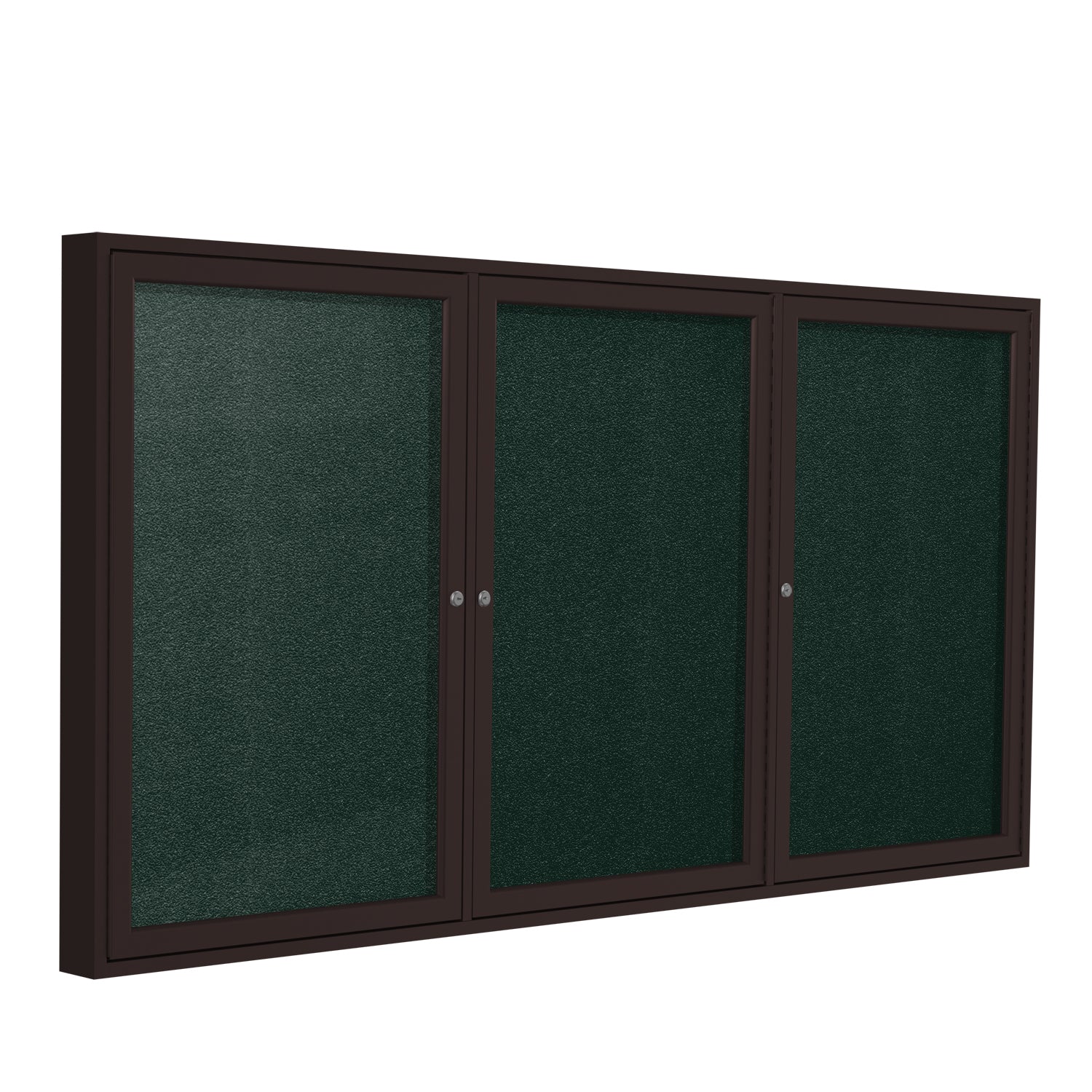 Ghent Indoor/Outdoor Enclosed Vinyl Bulletin Board, Bronze Aluminum Frame, 3'H x 6'W, 3 Door (GHE - PB33672VX - XXX) - SchoolOutlet