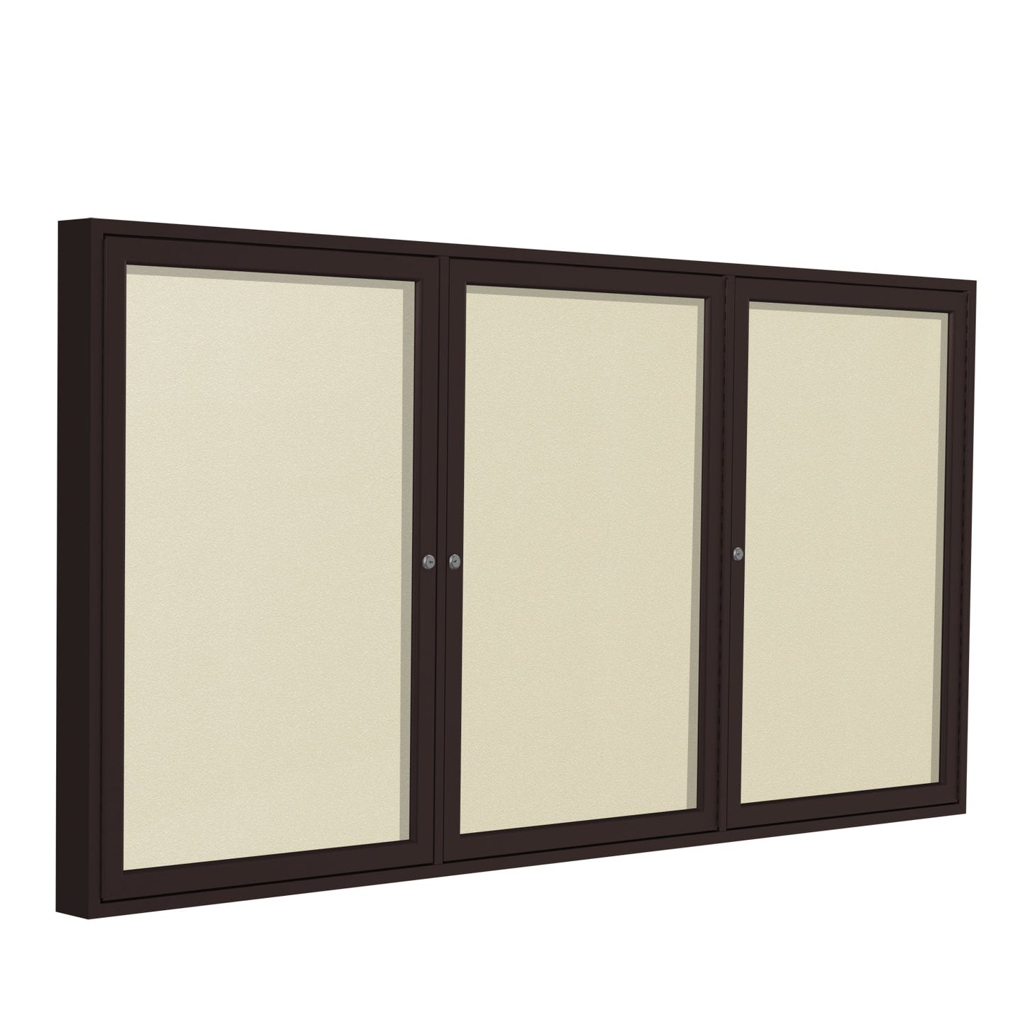Ghent Indoor/Outdoor Enclosed Vinyl Bulletin Board, Bronze Aluminum Frame, 3'H x 6'W, 3 Door (GHE - PB33672VX - XXX) - SchoolOutlet