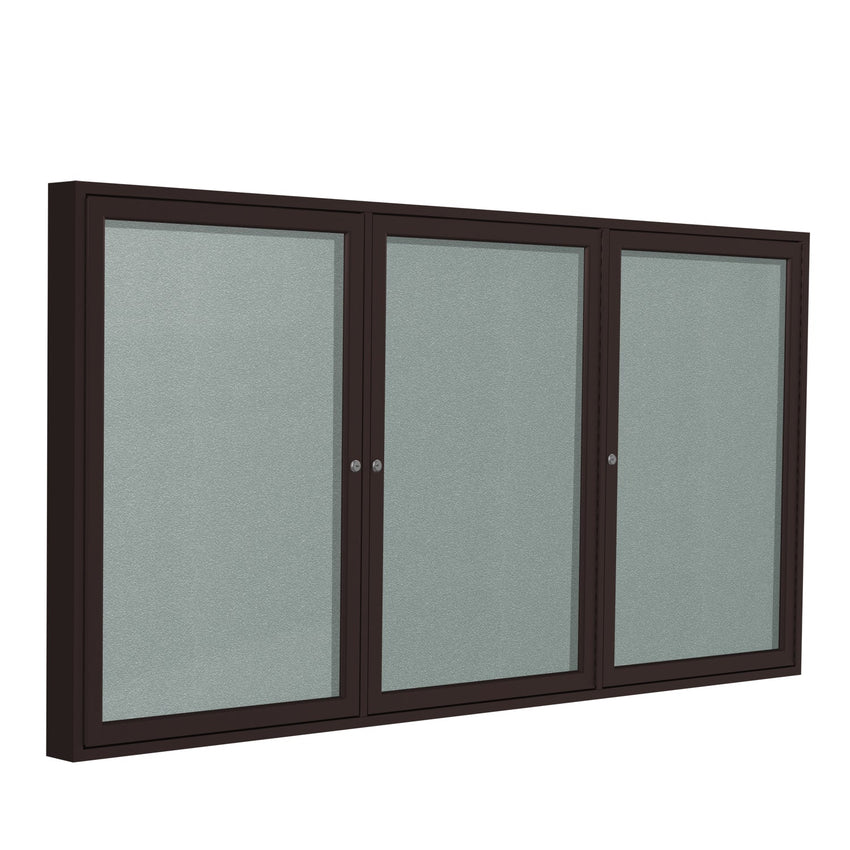 Ghent Indoor/Outdoor Enclosed Vinyl Bulletin Board, Bronze Aluminum Frame, 3'H x 6'W, 3 Door (GHE - PB33672VX - XXX) - SchoolOutlet