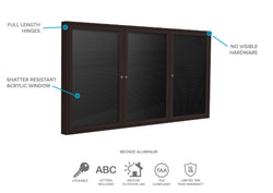 Ghent Indoor/Outdoor Enclosed Vinyl Letter Board, Bronze Aluminum Frame, 4'H x 8'W, 3 Door, Black (GHE-PB34896BX-BK)