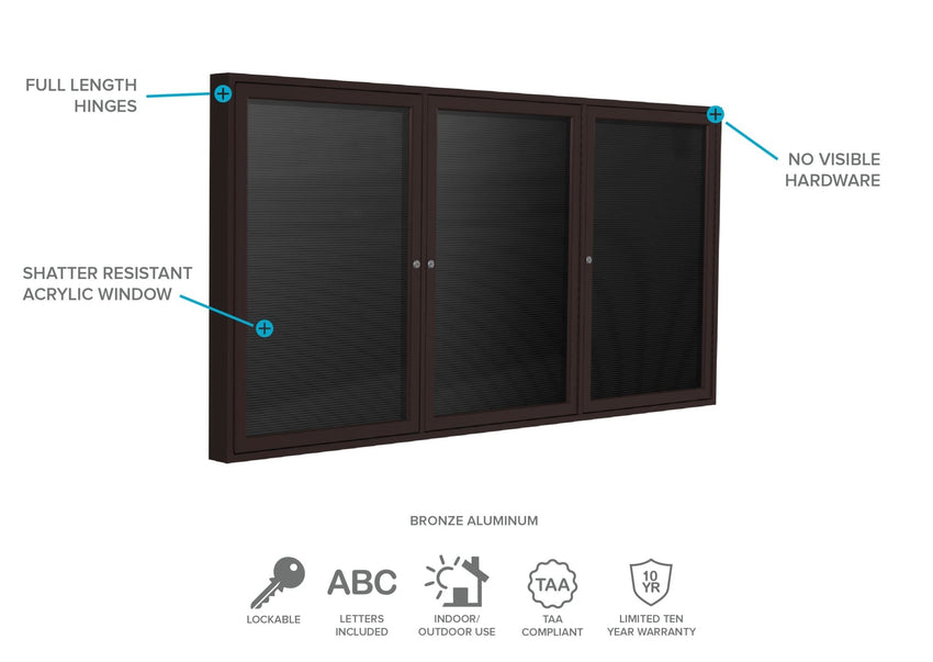 Ghent Indoor/Outdoor Enclosed Vinyl Letter Board, Bronze Aluminum Frame, 4'H x 8'W, 3 Door, Black (GHE - PB34896BX - BK) - SchoolOutlet