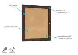 Ghent 1 Door Enclosed Natural Cork Bulletin Board, Walnut Wood Frame, 3'H x 2'W (GHE-PN13624K)