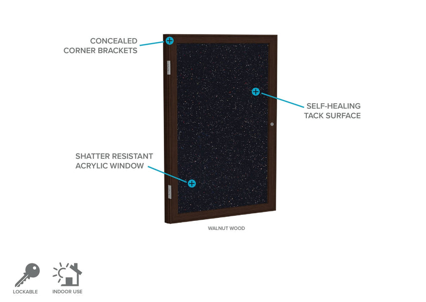 Ghent 1 Door Enclosed Recycled Rubber Bulletin Board, Walnut Wood Frame, 3'H x 2'W (GHE - PN13624TR - XX) - SchoolOutlet