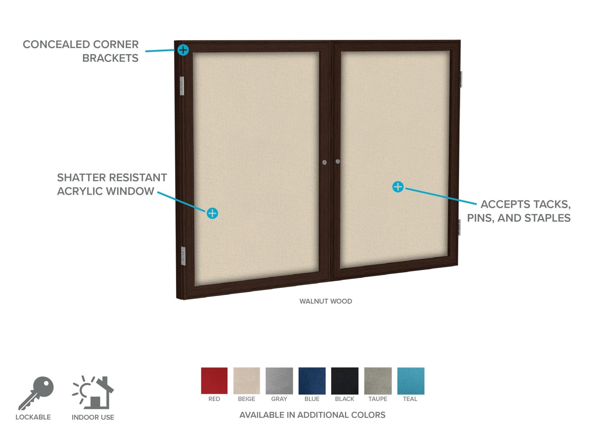 Ghent 2 Door Enclosed Fabric Bulletin Board, Walnut Wood Frame, 3'H x 4'W (GHE - PN23648F - XX) - SchoolOutlet