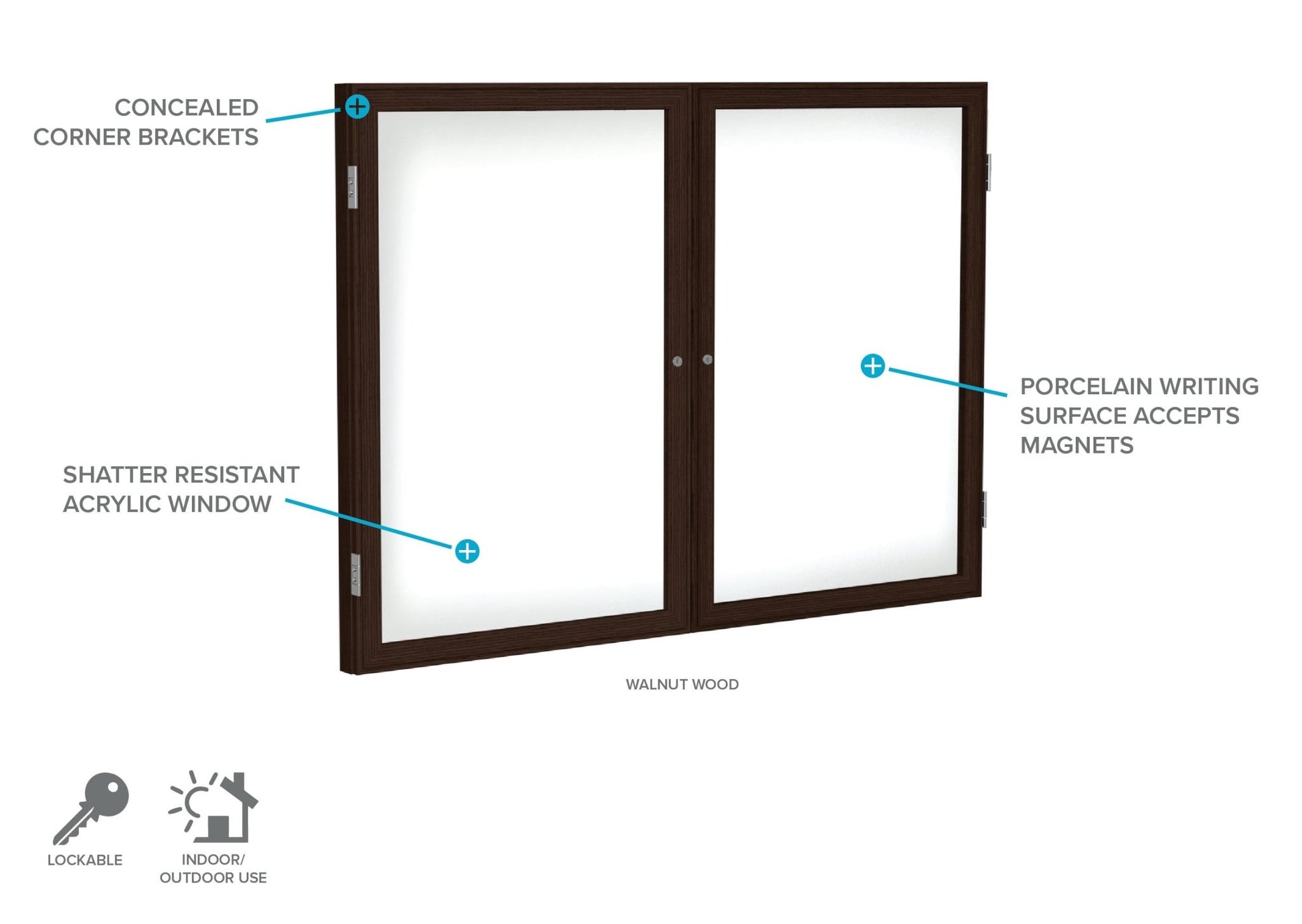 Ghent 2 Door Enclosed Porcelain Whiteboard, Magnetic, Walnut Wood Frame, 3'H x 4'W (GHE - PN23648M - M1) - SchoolOutlet