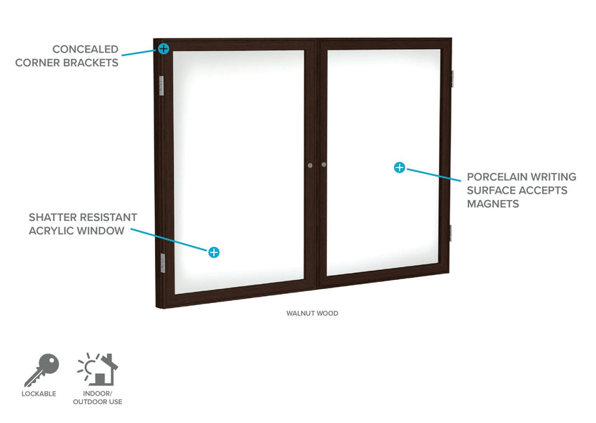 Ghent 2 Door Enclosed Porcelain Whiteboard, Magnetic, Walnut Wood Frame, 3'H x 4'W (GHE - PN23648M - M1) - SchoolOutlet