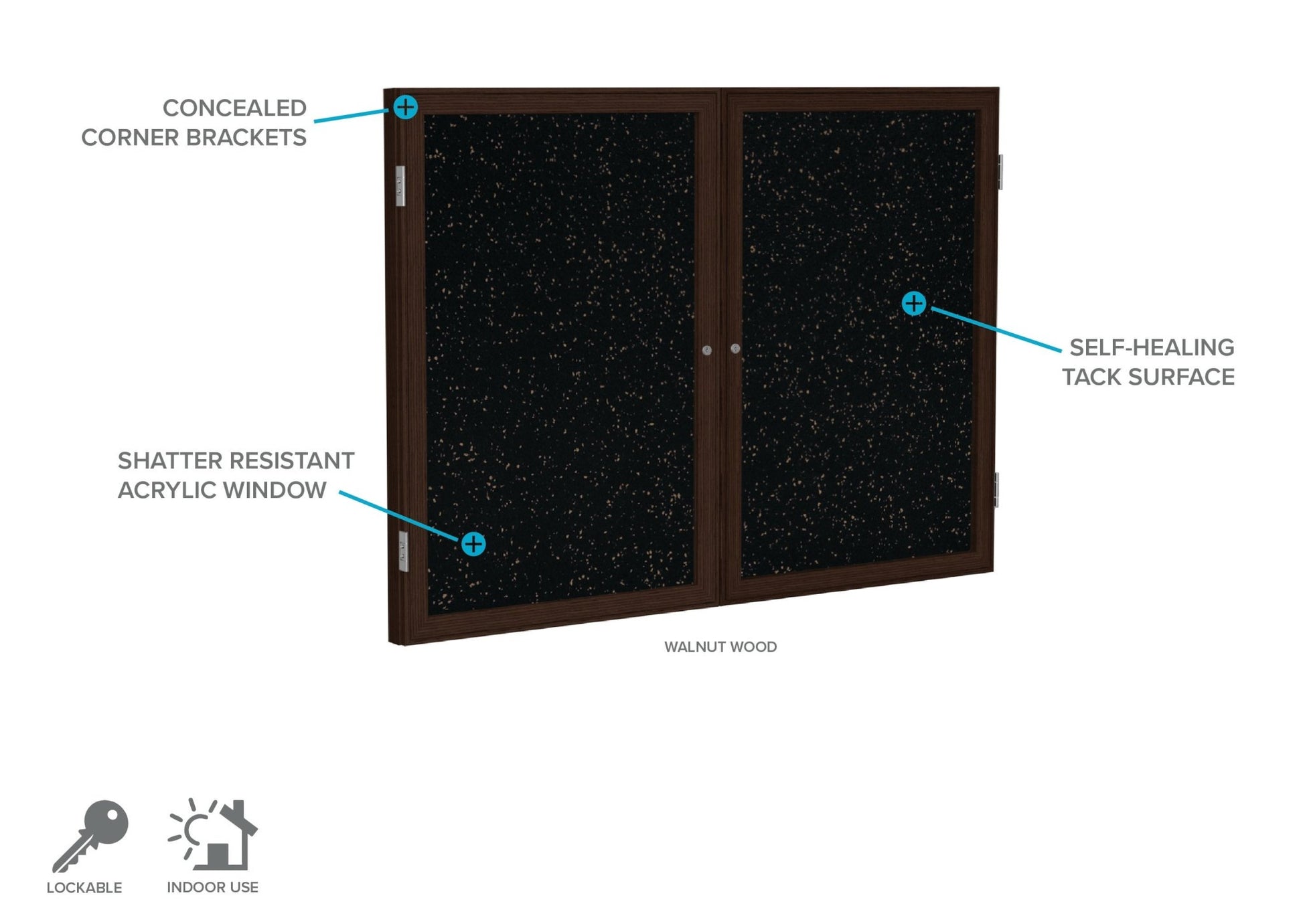 Ghent 2 Door Enclosed Recycled Rubber Bulletin Board, Walnut Wood Frame, 3'H x 4'W (GHE - PN23648TR - XX) - SchoolOutlet