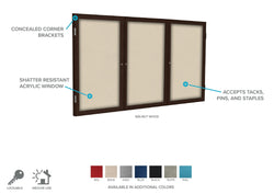 Ghent 3 Door Enclosed Fabric Bulletin Board, Walnut Wood Frame, 3'H x 6'W (GHE-PN33672F-XX)