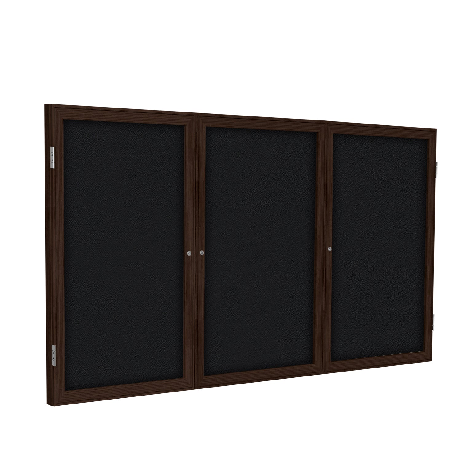 Ghent 3 Door Enclosed Fabric Bulletin Board, Walnut Wood Frame, 3'H x 6'W (GHE - PN33672F - XX) - SchoolOutlet