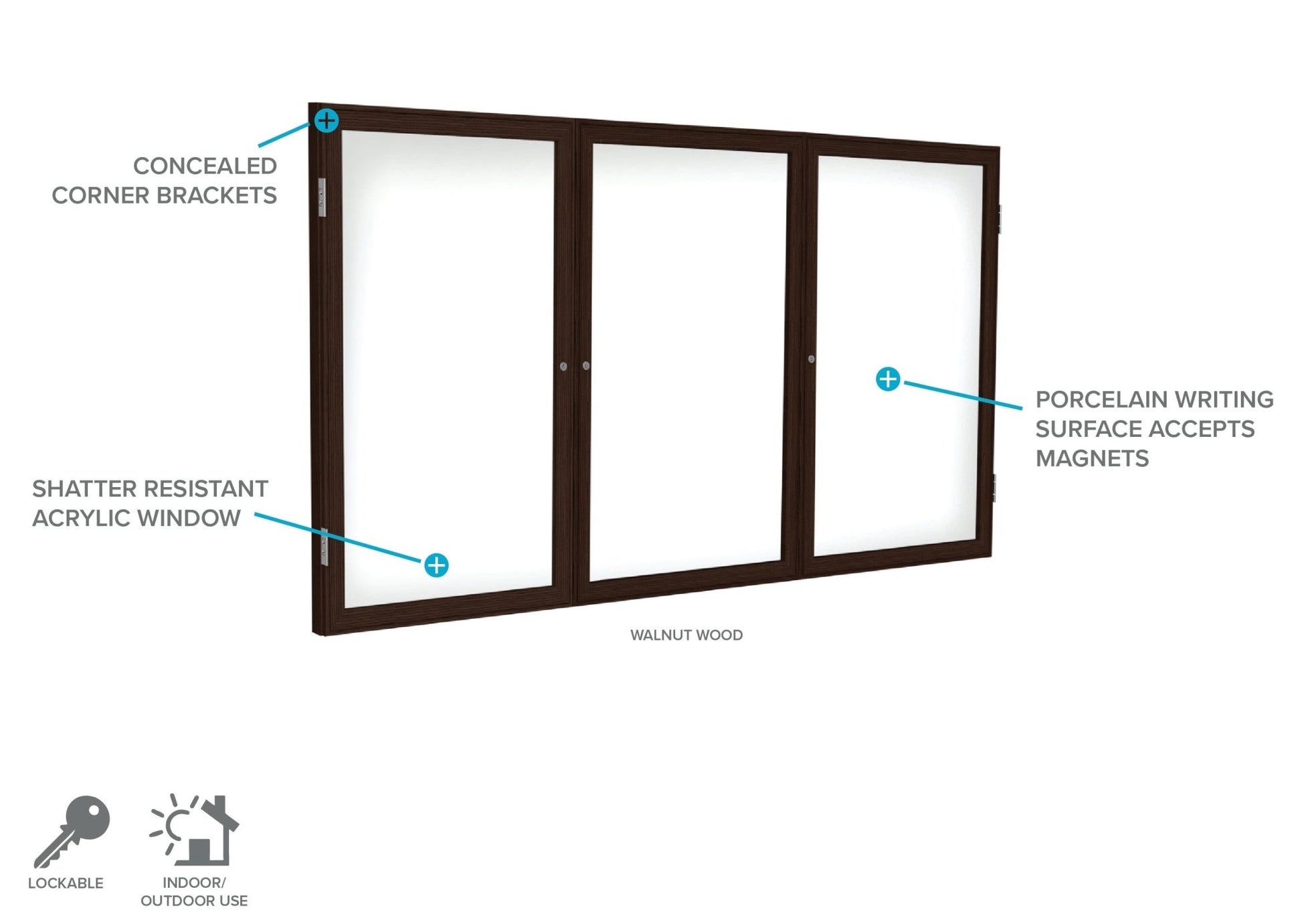 Ghent 3 Door Enclosed Porcelain Whiteboard, Magnetic, Walnut Wood Frame, 3'H x 6'W (GHE - PN33672M - M1) - SchoolOutlet