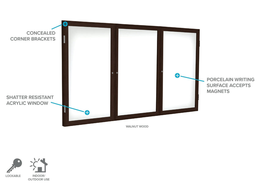 Ghent 3 Door Enclosed Porcelain Whiteboard, Magnetic, Walnut Wood Frame, 3'H x 6'W (GHE - PN33672M - M1) - SchoolOutlet