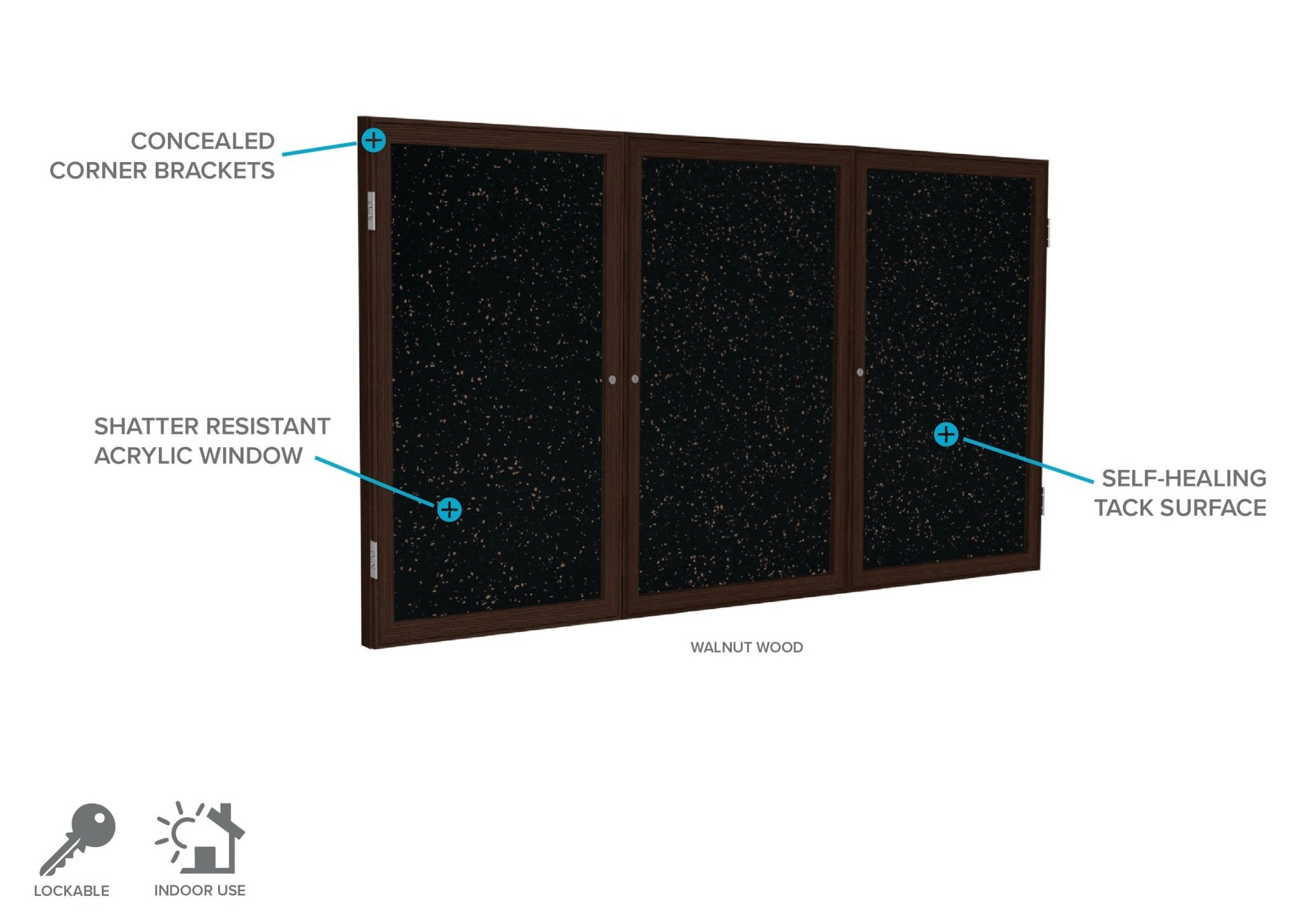 Ghent 3 Door Enclosed Recycled Rubber Bulletin Board, Walnut Wood Frame, 3'H x 6'W (GHE - PN33672TR - XX) - SchoolOutlet
