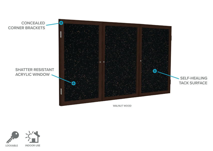 Ghent 3 Door Enclosed Recycled Rubber Bulletin Board, Walnut Wood Frame, 3'H x 6'W (GHE - PN33672TR - XX) - SchoolOutlet