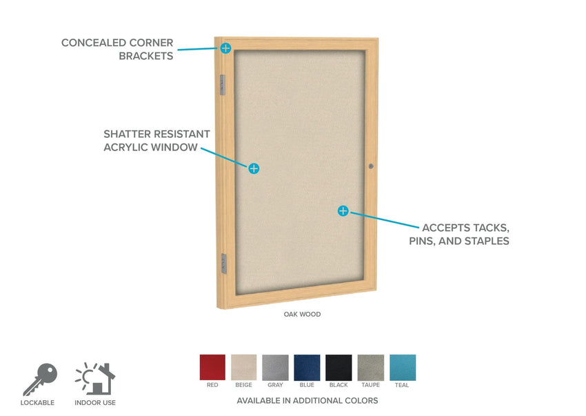 Ghent 1 Door Enclosed Fabric Bulletin Board, Oak Wood Frame, 3'H x 2'W (GHE - PW13624F - XX) - SchoolOutlet