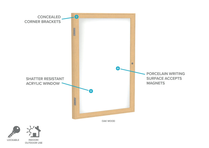 Ghent 1 Door Enclosed Porcelain Whiteboard, Magnetic, Oak Wood Frame, 3'H x 2'W (GHE - PW13624M - M1) - SchoolOutlet