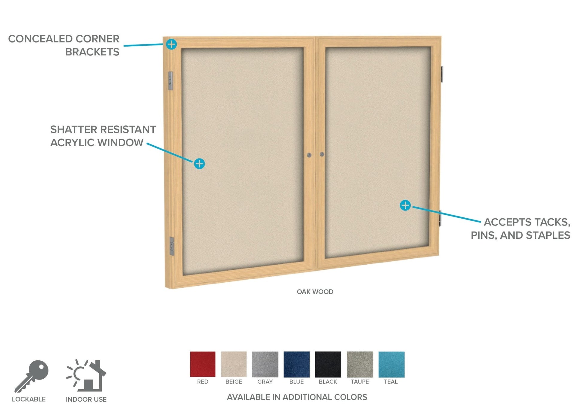Ghent 2 Door Enclosed Fabric Bulletin Board, Oak Wood Frame, 3'H x 4'W (GHE - PW23648F - XX) - SchoolOutlet