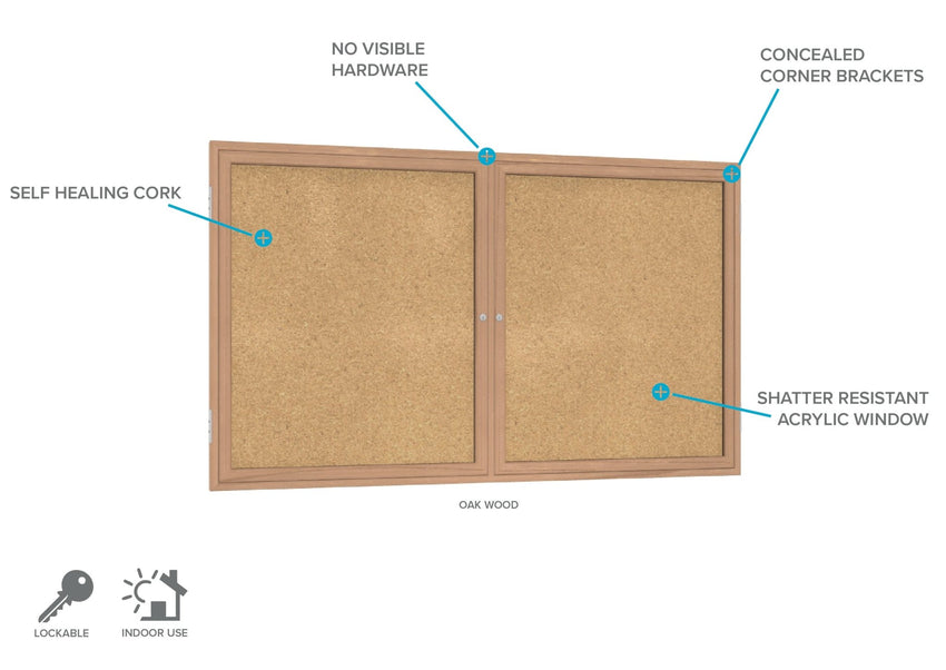 Ghent 2 Door Enclosed Natural Cork Bulletin Board, Oak Wood Frame, 3'H x 4'W (GHE - PW23648K) - SchoolOutlet