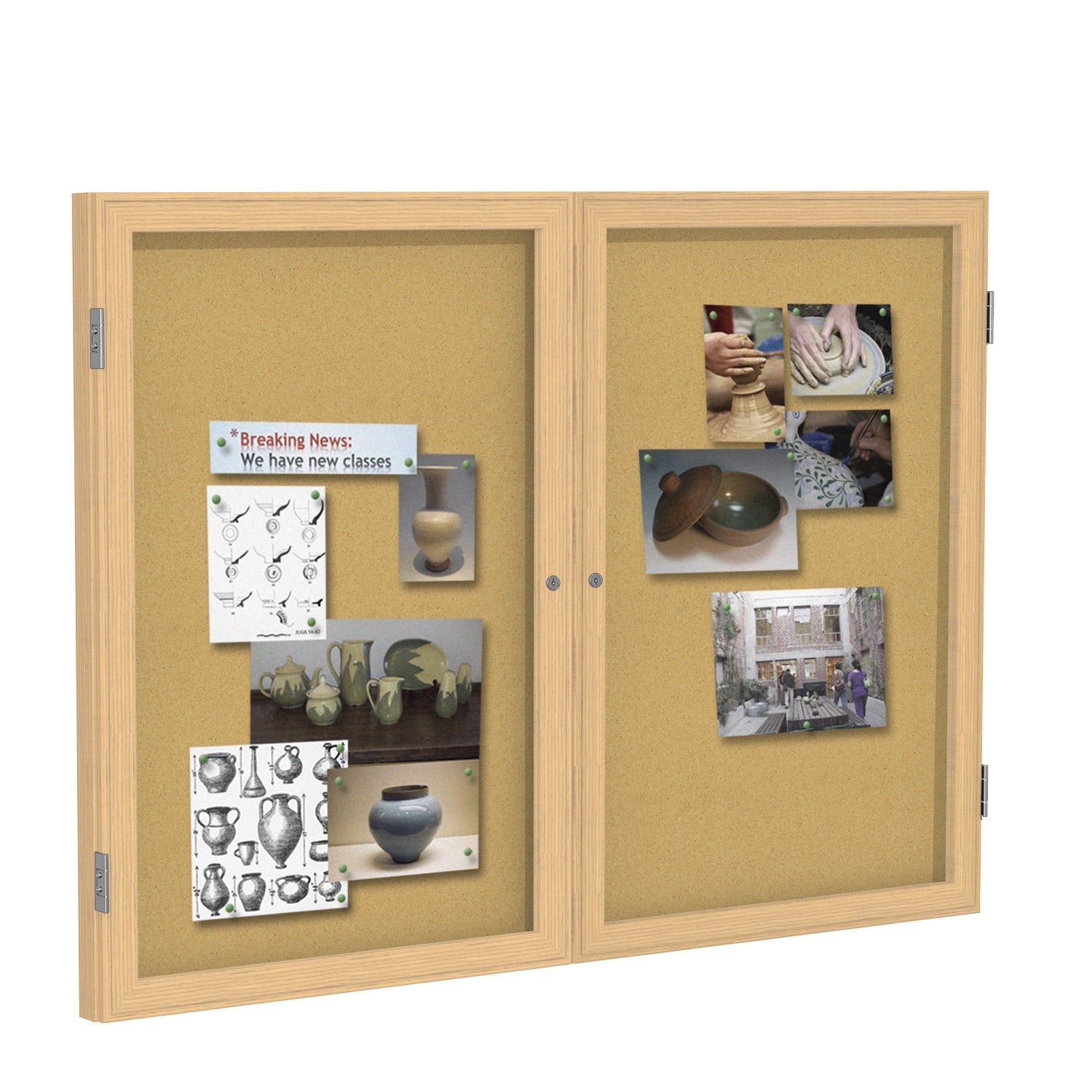 Ghent 2 Door Enclosed Natural Cork Bulletin Board, Oak Wood Frame, 3'H x 4'W (GHE - PW23648K) - SchoolOutlet