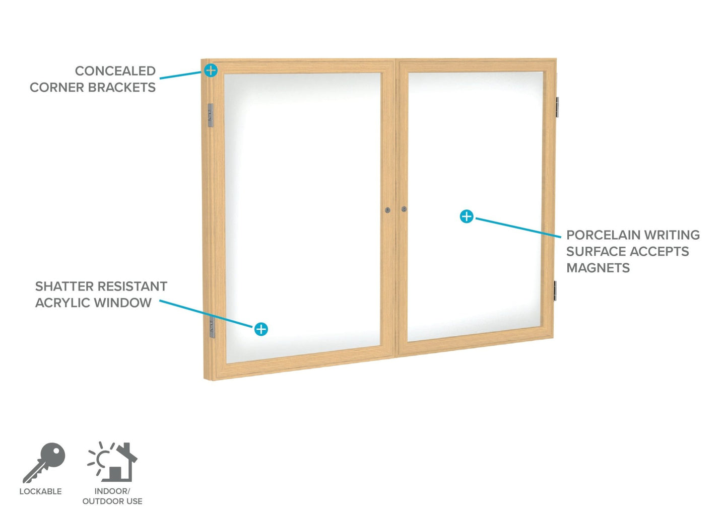 Ghent 2 Door Enclosed Porcelain Whiteboard, Magnetic, Oak Wood Frame, 3'H x 4'W (GHE - PW23648M - M1) - SchoolOutlet